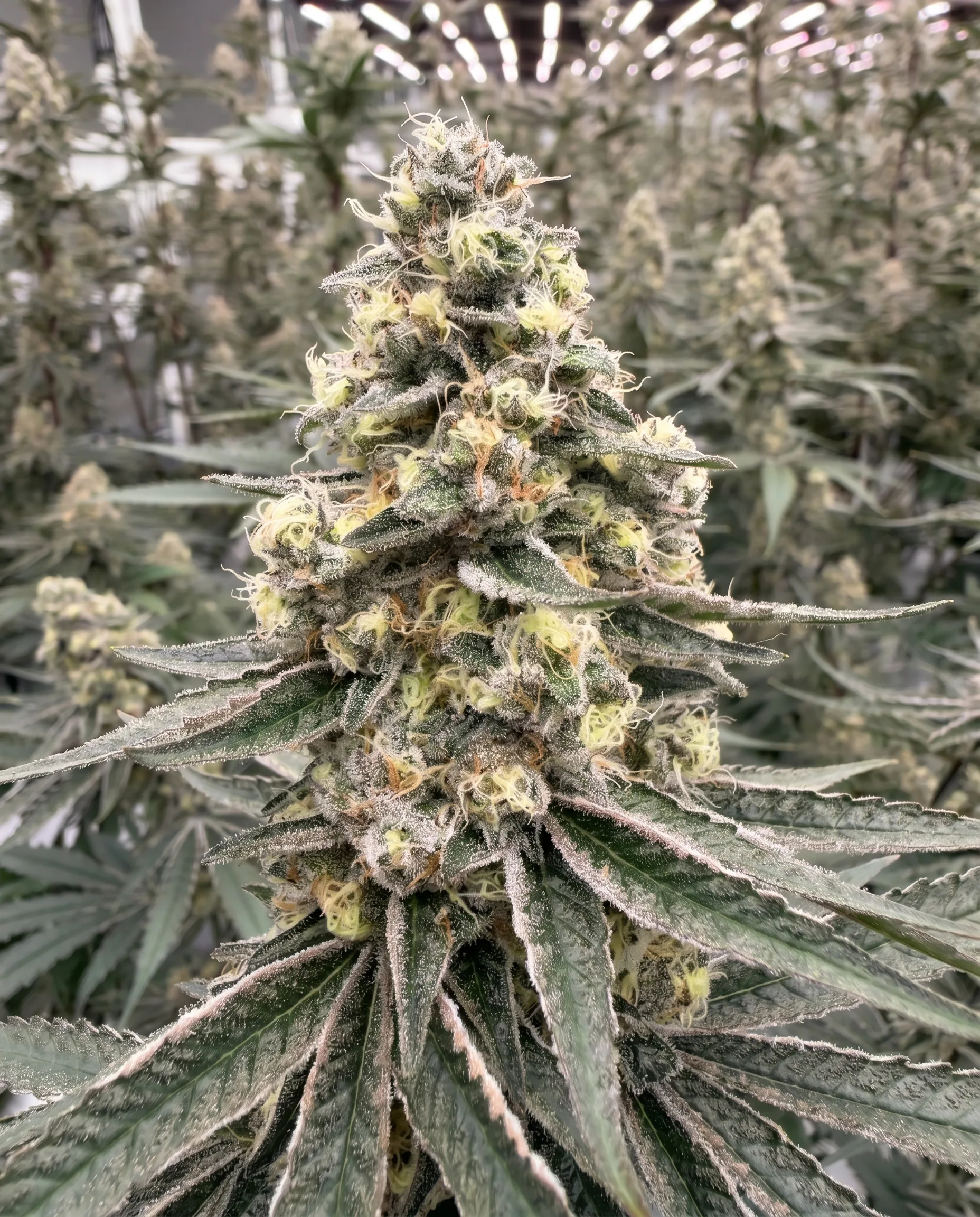 Macro detail of a dense cannabis cola in late flower — the close-up cultivation reality that Galleon's insights writing connects to operational, regulatory, and construction practice.