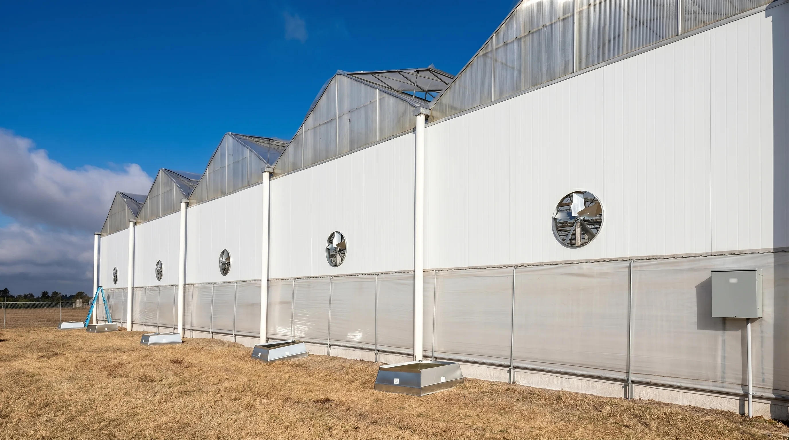 Exterior elevation of a multi-bay cannabis greenhouse facility — white metal walls, ribbed roof, exhaust fans at the ridge, deep blue sky overhead.