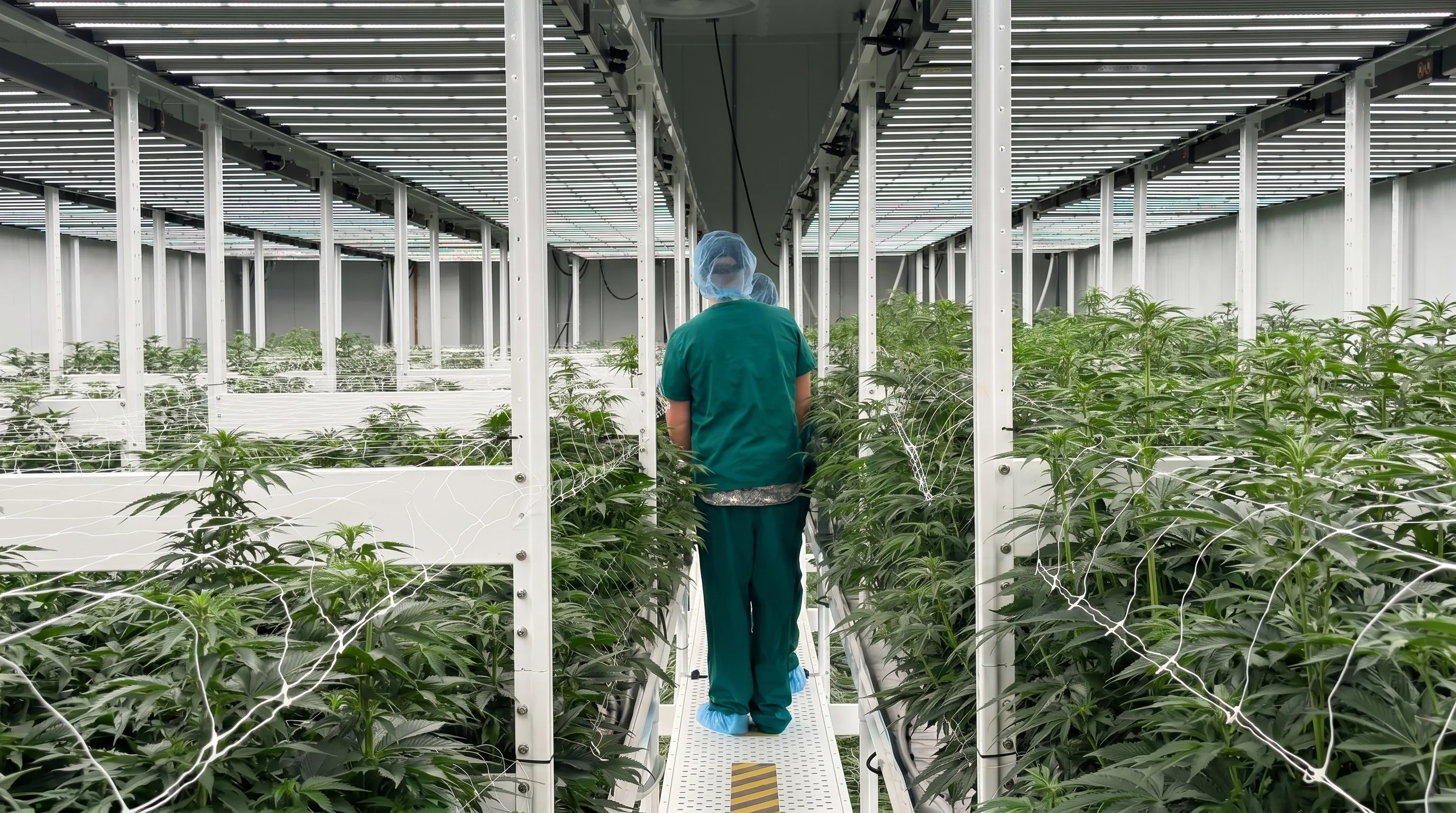 A worker in PPE walks down a long cultivation-facility aisle with vertical racks on either side — the room-by-room view inspectors take when cross-referencing a license application against the built facility.