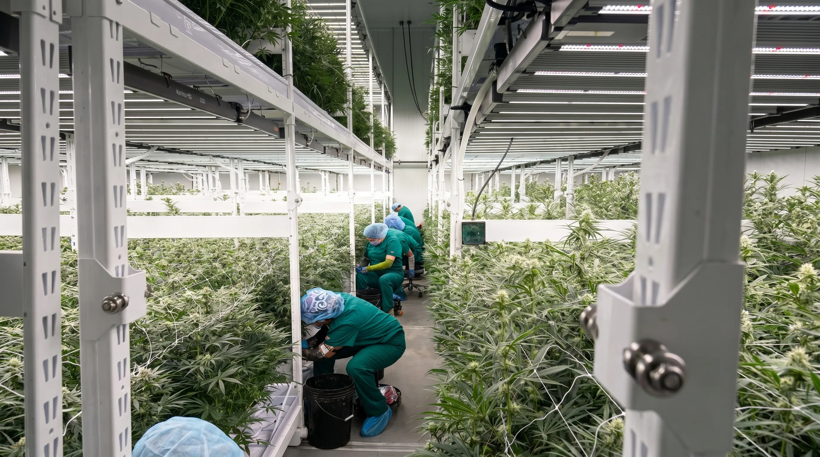 Cultivation team in green PPE working on a lower vertical-rack tier, the receding aisle showing engineered Montel rack architecture.